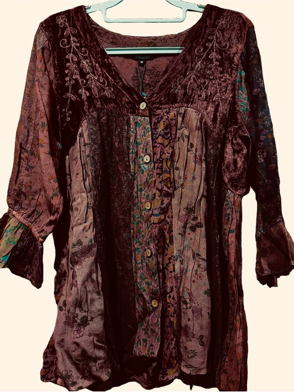 Young Threads Burgundy Velvet Embroidered Patchwork Tunic